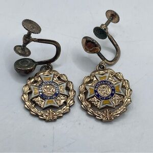 Vintage VFW AUXILIARY Screw Back Earrings Brass Tone Dangle Drop Style Half Inch
